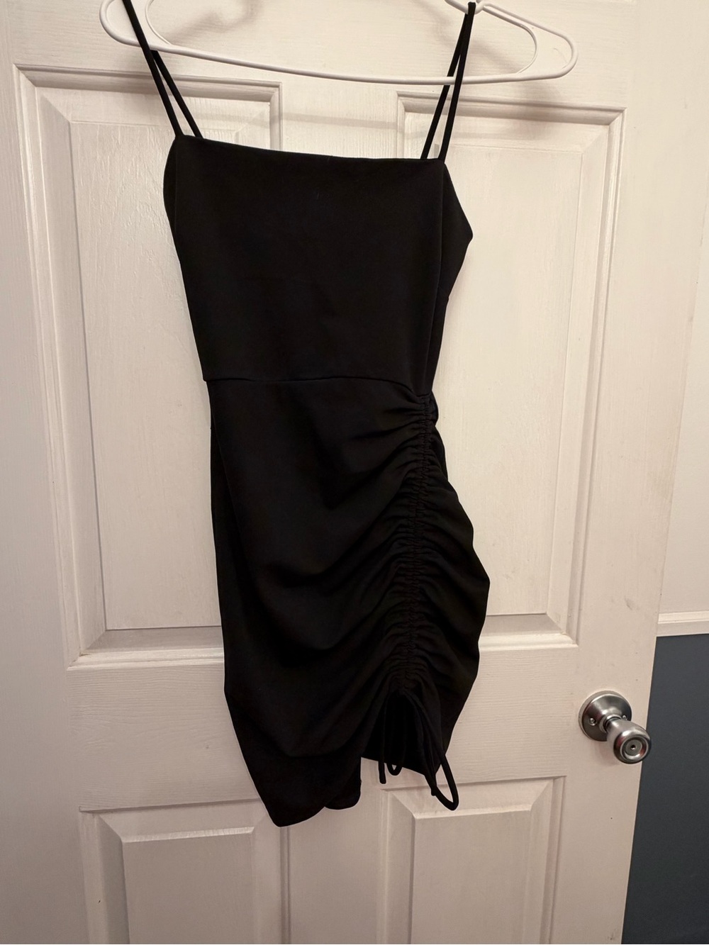 Windsor Black Ruched Mini Dress with Spaghetti Straps homecoming party